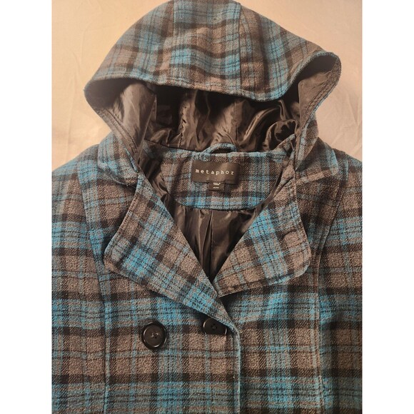 Metaphor Women’s XL Plaid Hooded Peacoat Wool Blend Double Breasted Belted - Picture 4 of 13